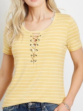 Maurices Yellow Striped Lace-Up Short Sleeve Tee